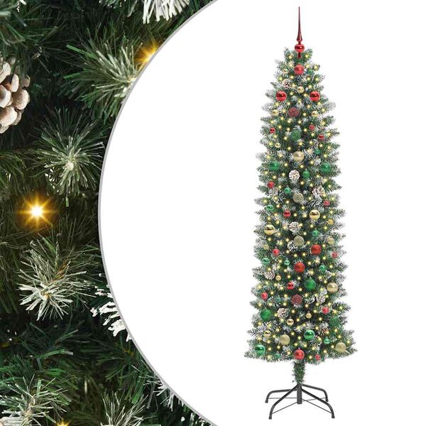 vidaXL Kunstmatige slanke kerstboom met 300 LED Groen en wit 240 cm