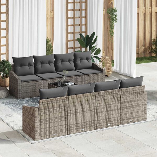 vidaXL Bankstel met kussen met kussen 9 pcs Grijs poly rattan