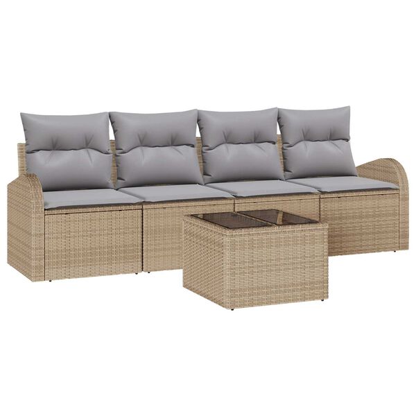 vidaXL Tuin Sofa Set 5 pcs Beige en Grijs Poly rattan, staal en glas