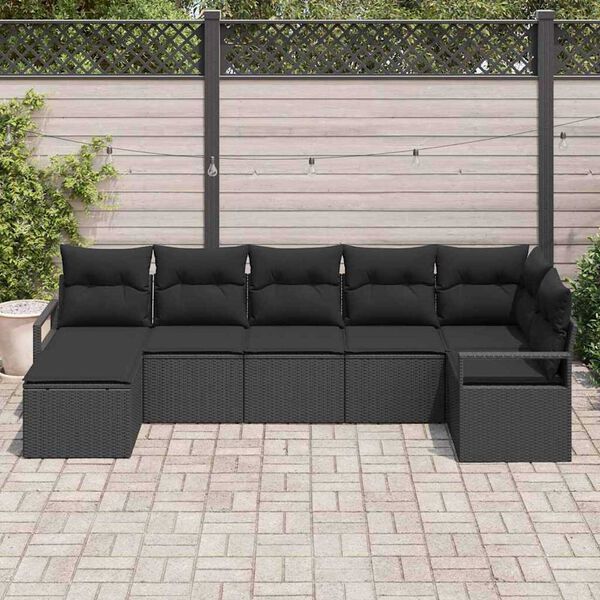 vidaXL Bankstel met kussen met opslag 7 pcs Zwart poly rattan