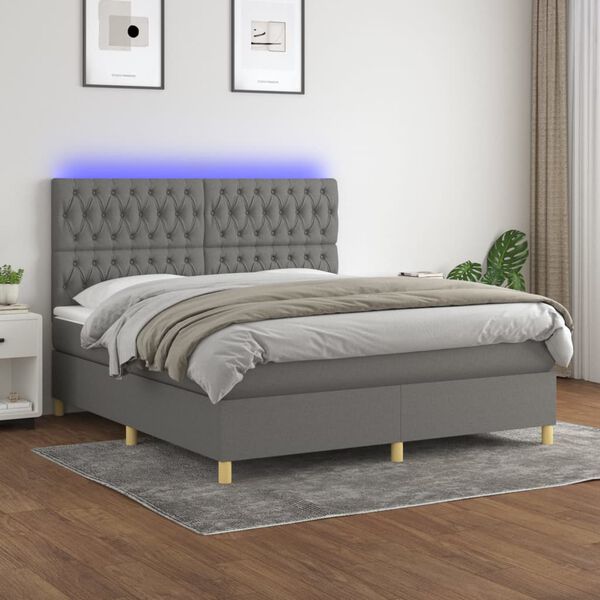 vidaXL Boxspring met matras en LED stof donkergrijs 160x200 cm