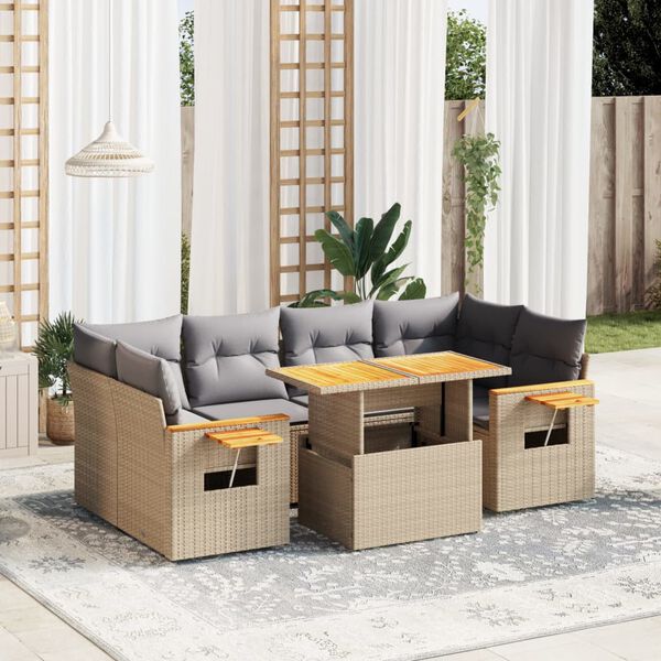 vidaXL 7-delige Loungeset met kussens poly rattan beige