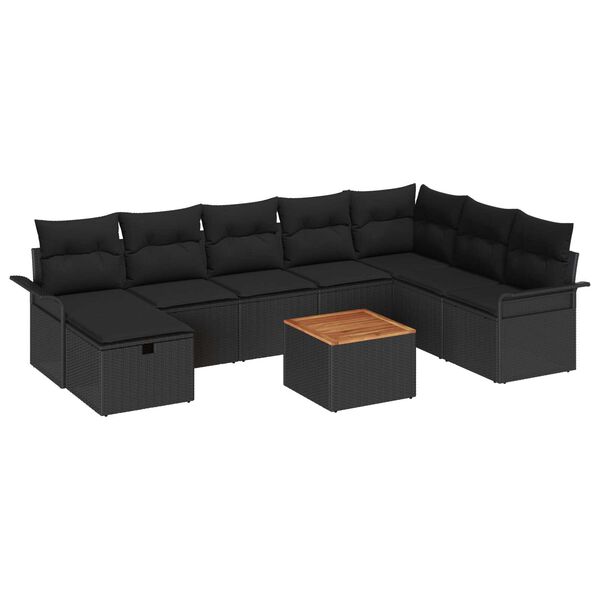 vidaXL Tuinbankenset met kussen met opslag 9 pcs Zwart poly rattan
