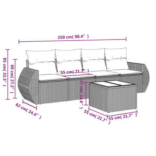 vidaXL 5-delige Loungeset met kussens poly rattan grijs