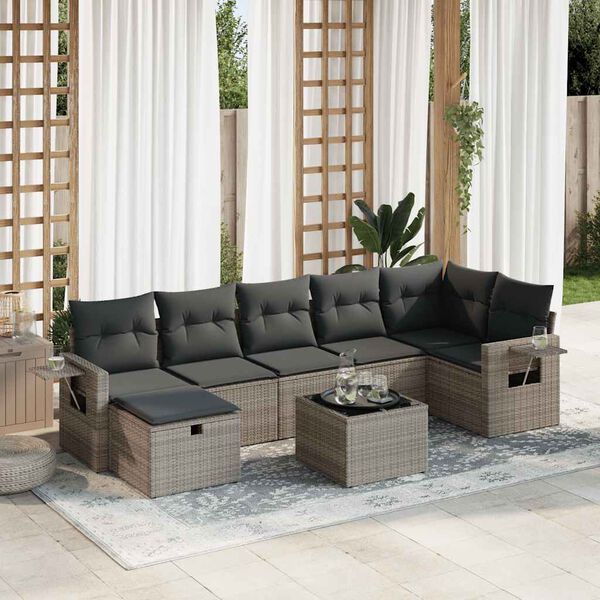 vidaXL 8-delige Loungeset met kussens poly rattan grijs