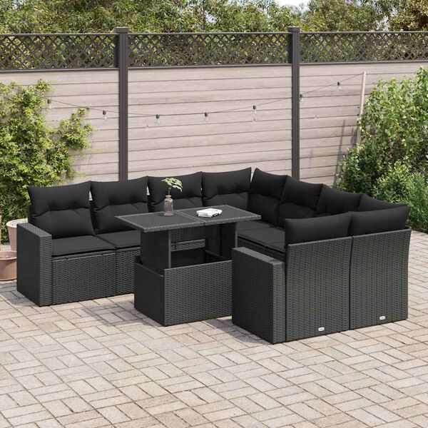 vidaXL 9-delige Loungeset met kussens poly rattan zwart
