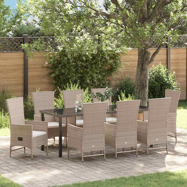 vidaXL Tuin eettafelset met kussen 9 pcs Beige poly rattan