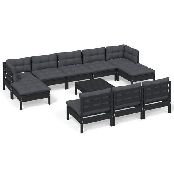 vidaXL 11-delige Loungeset met kussens grenenhout zwart