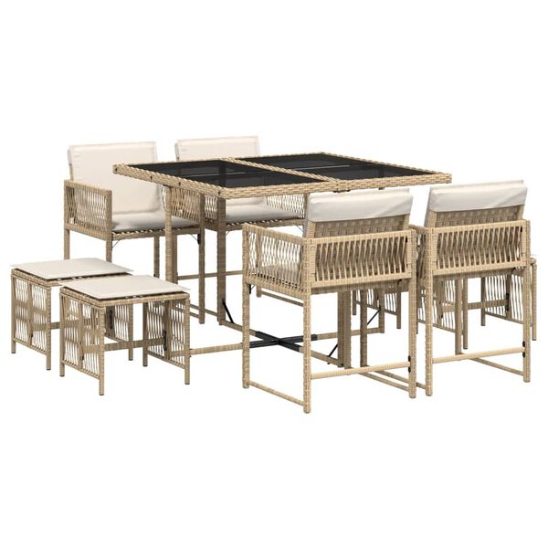 vidaXL 9-delige Tuinset met kussens poly rattan beige