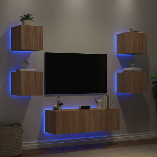 vidaXL 5-delige Tv-wandmeubelset met LED-verlichting sonoma eikenkleur