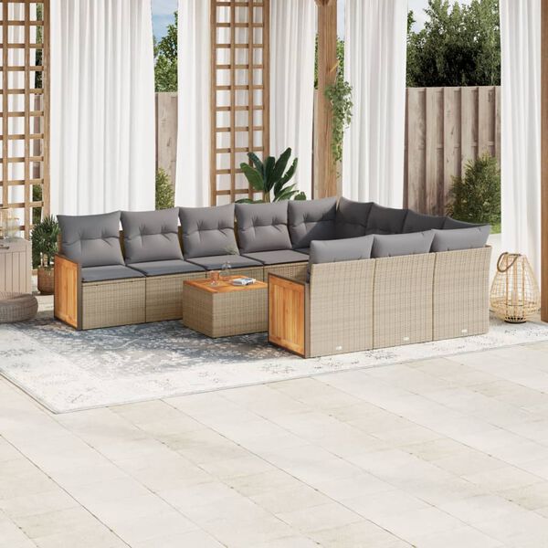 vidaXL 11-delige Tuinset met kussens poly rattan beige