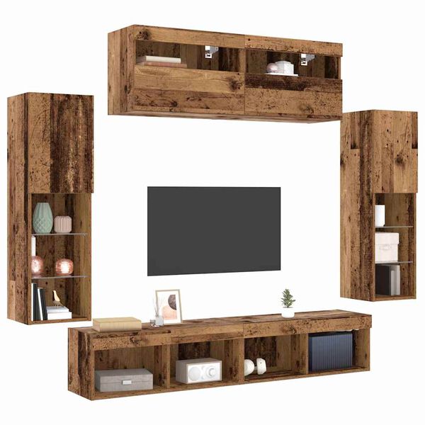 vidaXL Tv-meubelset met LED-striplichten 6 pcs Oud hout Bewerkt hout