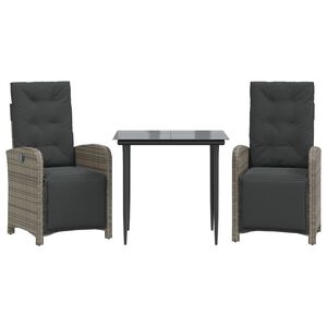 vidaXL 3-delige Bistroset met kussens poly rattan grijs