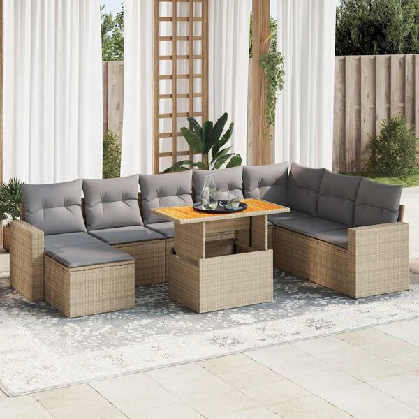 vidaXL 9-delige Loungeset met kussens poly rattan beige