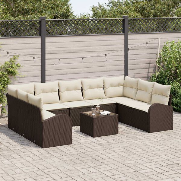 vidaXL Bankstel met kussen met opslag 10 pcs Bruin en wit poly rattan