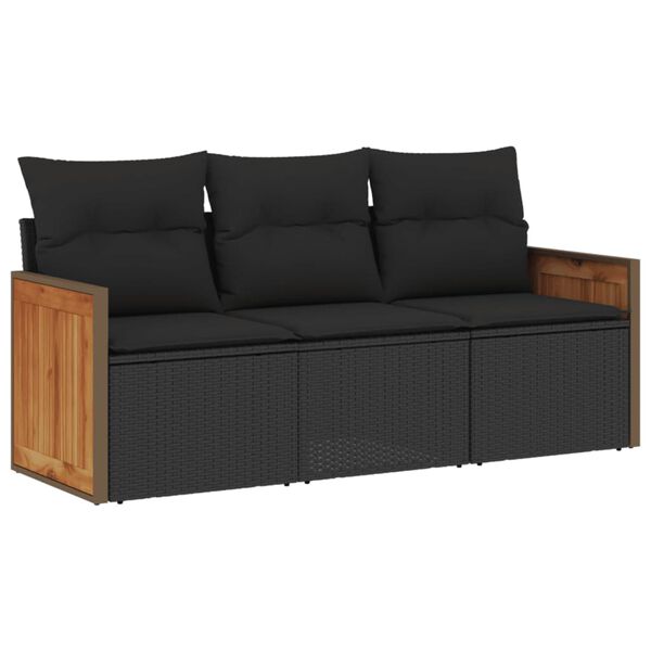 vidaXL 3-delige Loungeset met kussens poly rattan zwart
