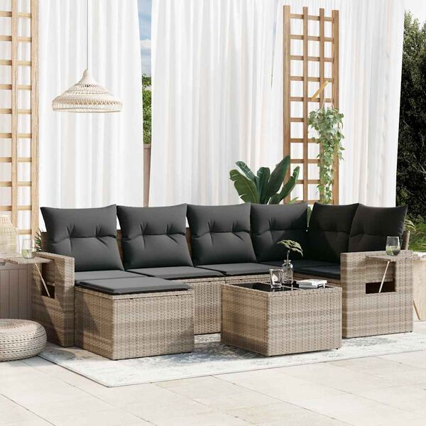 vidaXL 7-delige Loungeset met kussens poly rattan lichtgrijs
