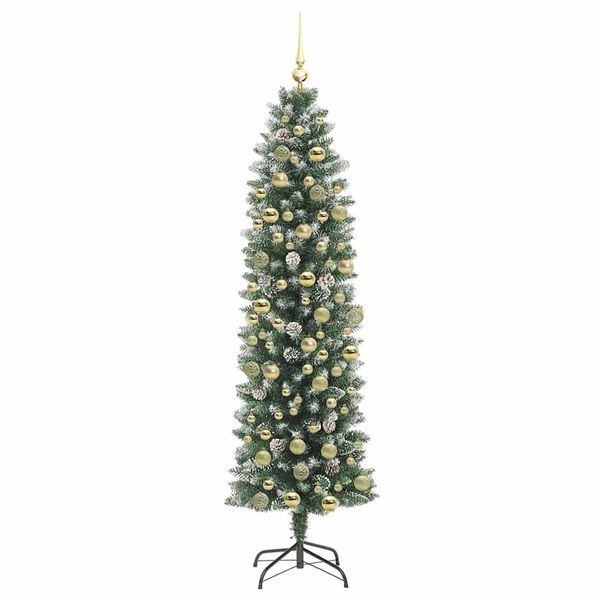 vidaXL Kunstmatige slanke kerstboom met 300 LED Groen en Wit 180 cm