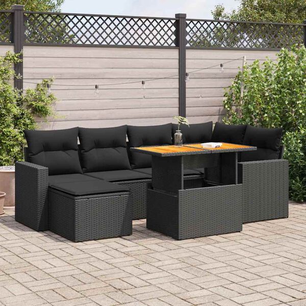 vidaXL 7-delige Loungeset met kussens poly rattan zwart