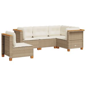 vidaXL 5-delige Loungeset met kussens poly rattan beige
