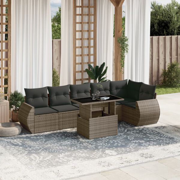 vidaXL 7-delige Loungeset met kussens poly rattan grijs