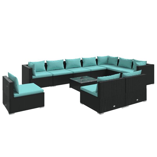 vidaXL 11-delige Loungeset met kussens poly rattan zwart