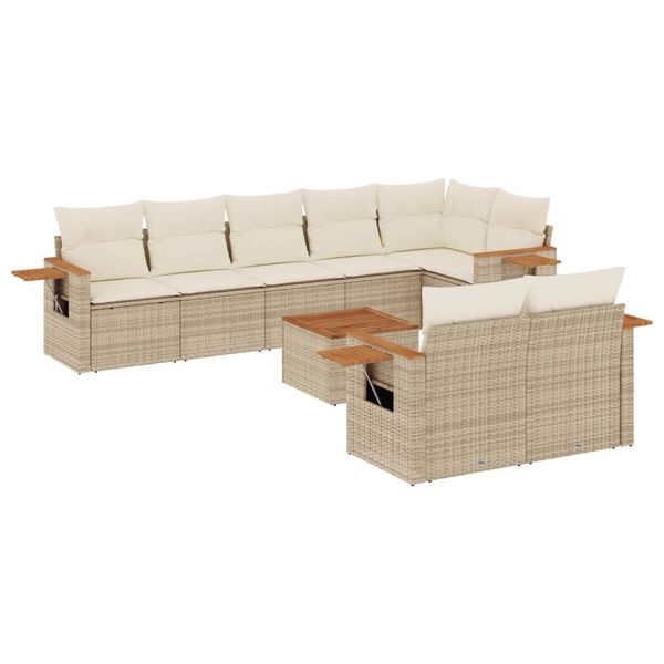 vidaXL 9-delige Loungeset met kussens poly rattan beige