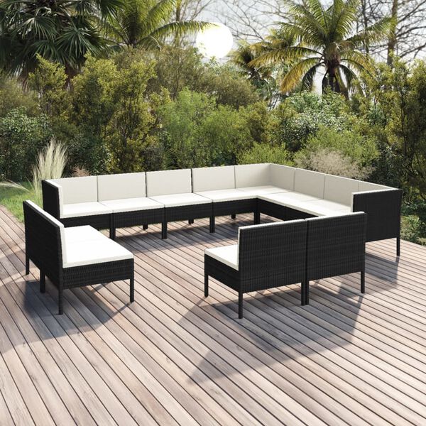vidaXL 12-delige Loungeset met kussens poly rattan zwart