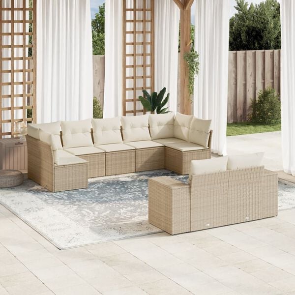 vidaXL 9-delige Loungeset met kussens poly rattan beige