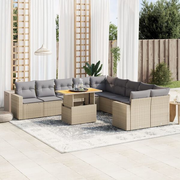 vidaXL 11-delige Tuinset met kussens poly rattan beige