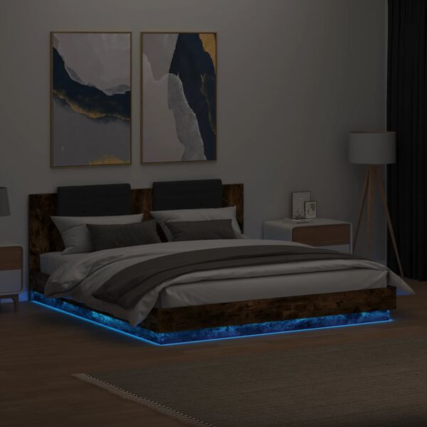 vidaXL Bedframe met hoofdbord en LED gerookt eikenkleur 160x200 cm