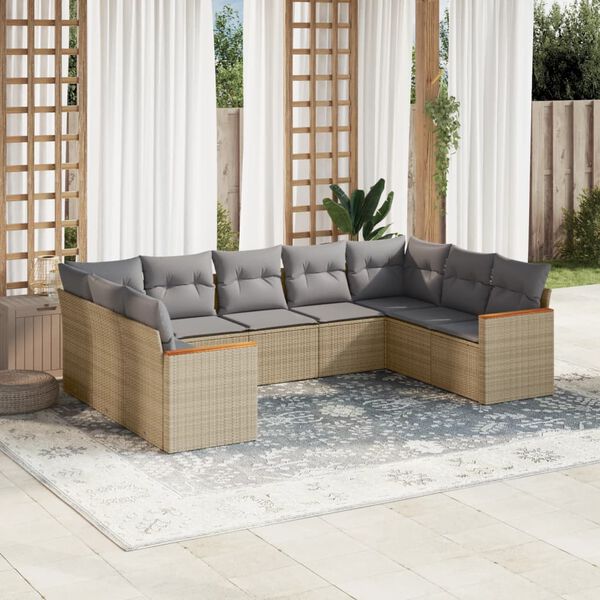 vidaXL 9-delige Loungeset met kussens poly rattan gemengd beige