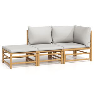 vidaXL 3-delige Loungeset met kussens bamboe lichtgrijs