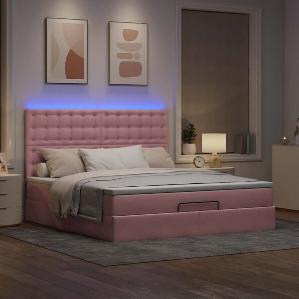vidaXL Ottoman bed met matrassen en LED's 160x200cm fluweel roze