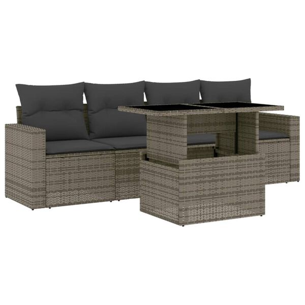 vidaXL 5-delige Loungeset met kussens poly rattan grijs