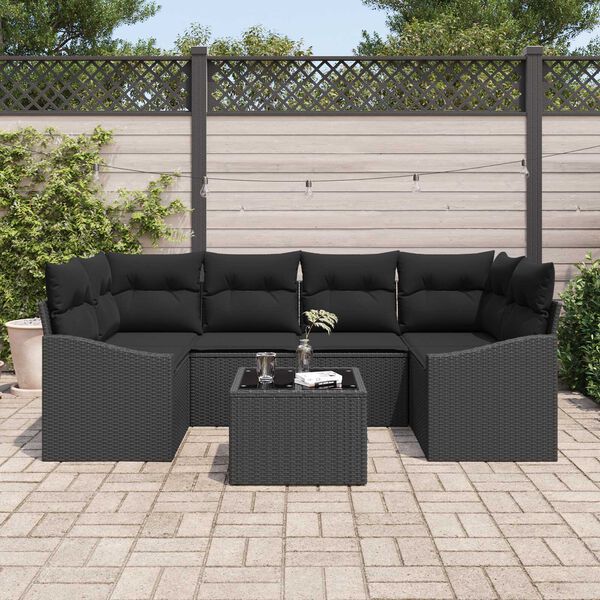 vidaXL Bankstel met kussen met opslag 7 pcs Zwart poly rattan