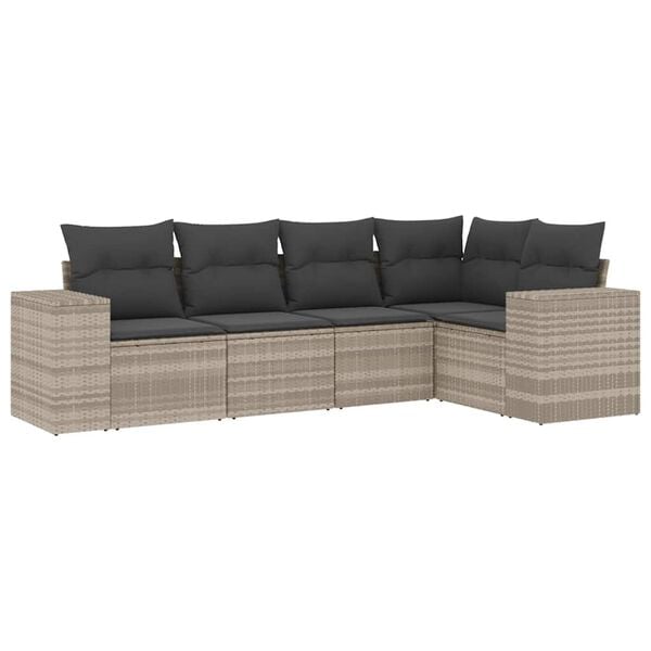 vidaXL 5-delige Loungeset met kussens poly rattan lichtgrijs