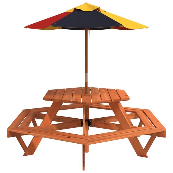 vidaXL Picknicktafel voor 4 kinderen met parasol zeshoekig vurenhout