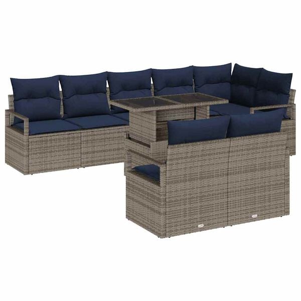 vidaXL Tuin Sofa Set met kussen 9 pcs Grijs en Marineblauw poly rattan