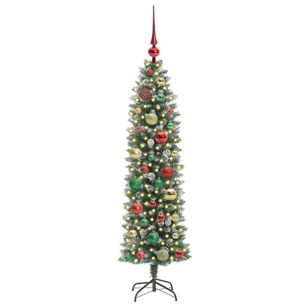 vidaXL Kunstmatige slanke kerstboom met 150 LED Groen en Wit 120 cm