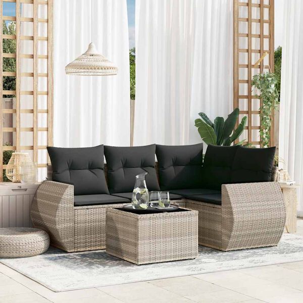 vidaXL 5-delige Loungeset met kussens poly rattan lichtgrijs
