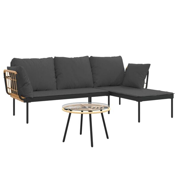 vidaXL 3-delige Loungeset met kussens poly rattan donkergrijs
