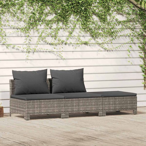 vidaXL 3-delige tuinloungeset met kussens grijs poly rattan