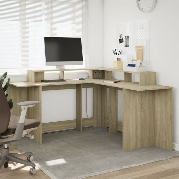 vidaXL Bureau met LED-verlichting 152x152x91 cm hout sonoma eikenkleur