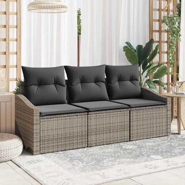 vidaXL Bankstel met kussen 3 pcs Grijs poly rattan