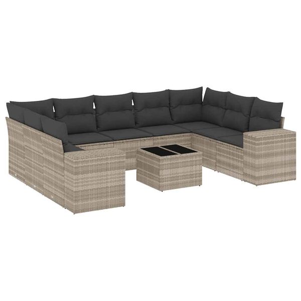 vidaXL 10-delige Loungeset met kussens poly rattan lichtgrijs