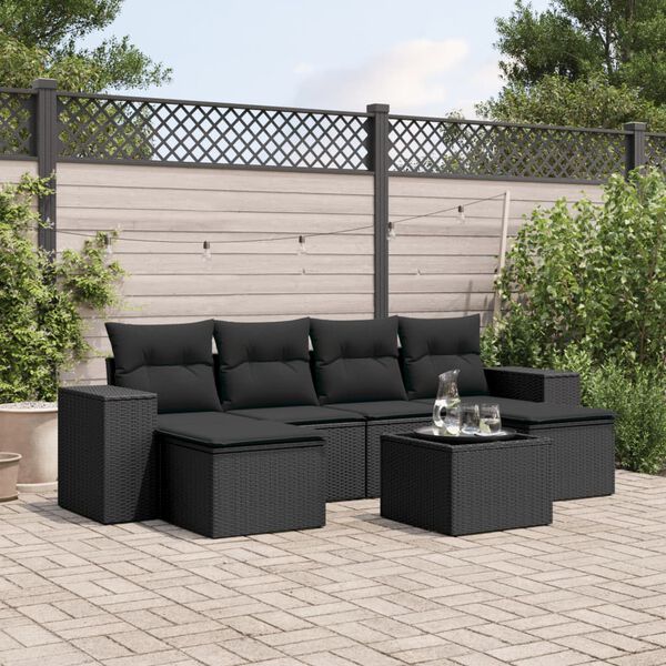 vidaXL 7-delige Loungeset met kussens poly rattan zwart