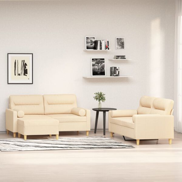 vidaXL 3-delige Loungeset met sierkussens en kussens stof crèmekleurig