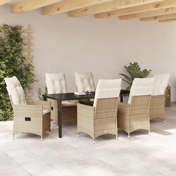 vidaXL Tuin eettafelset met kussen 7 pcs Beige poly rattan