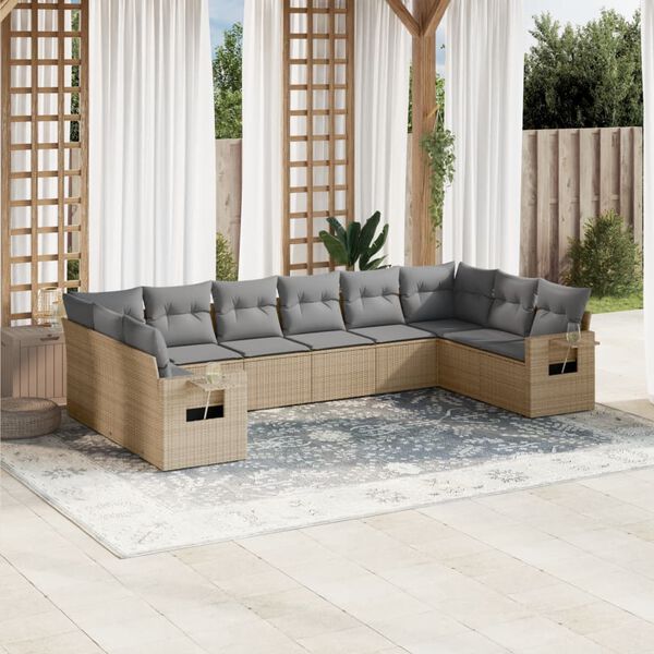 vidaXL 10-delige Loungeset met kussens poly rattan beige